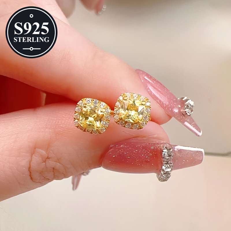 Women's 925 Hypoallergenic Golden Small Square Stud Earrings